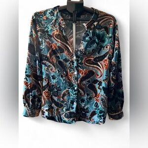 Vintage Ariella Teal and Rust Paisley Velvet Button-Up Blouse